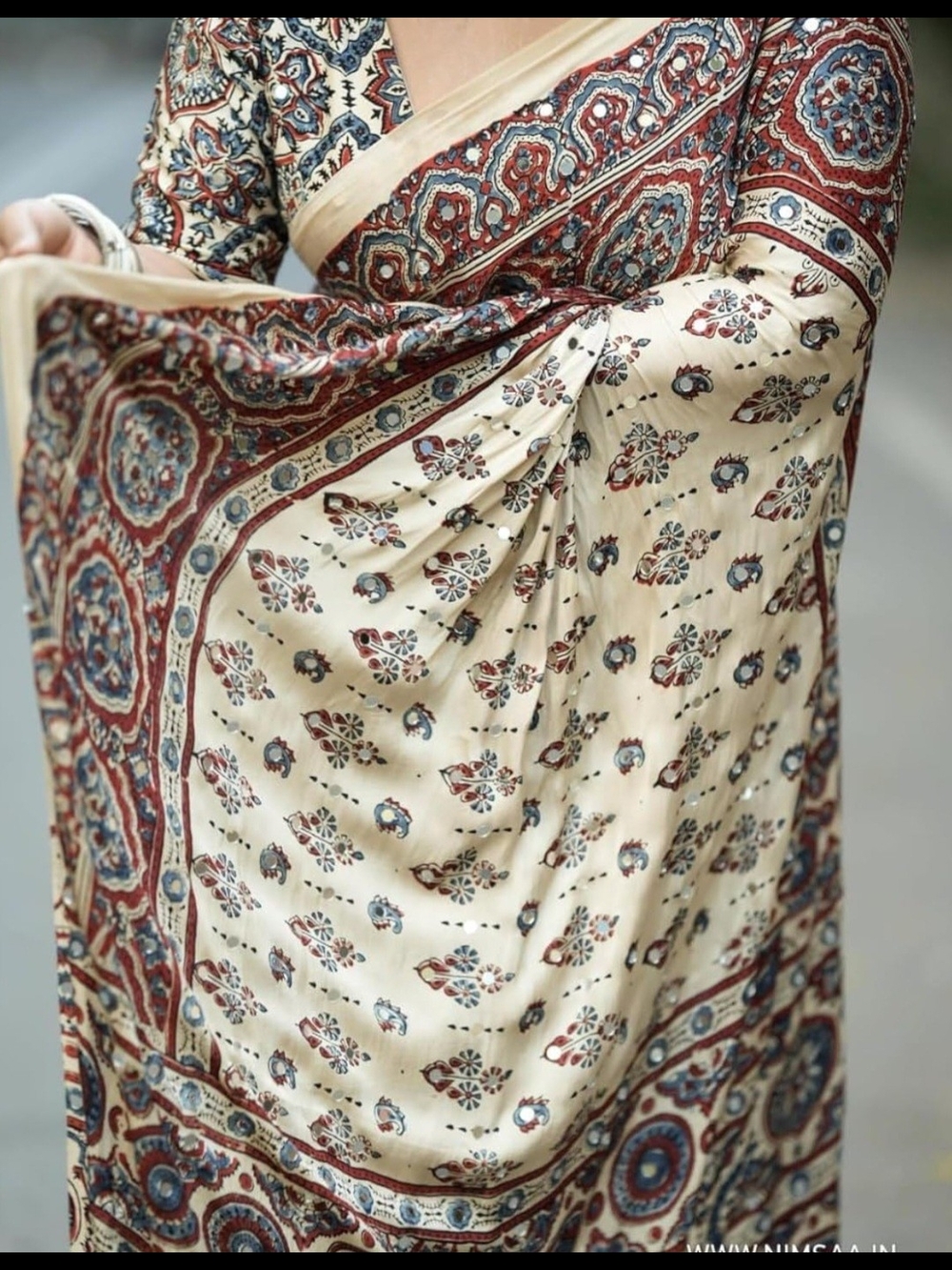 Ajrakh Print Japan Satin Saree with Mirror Work & Latkan - Picture 7 of 17